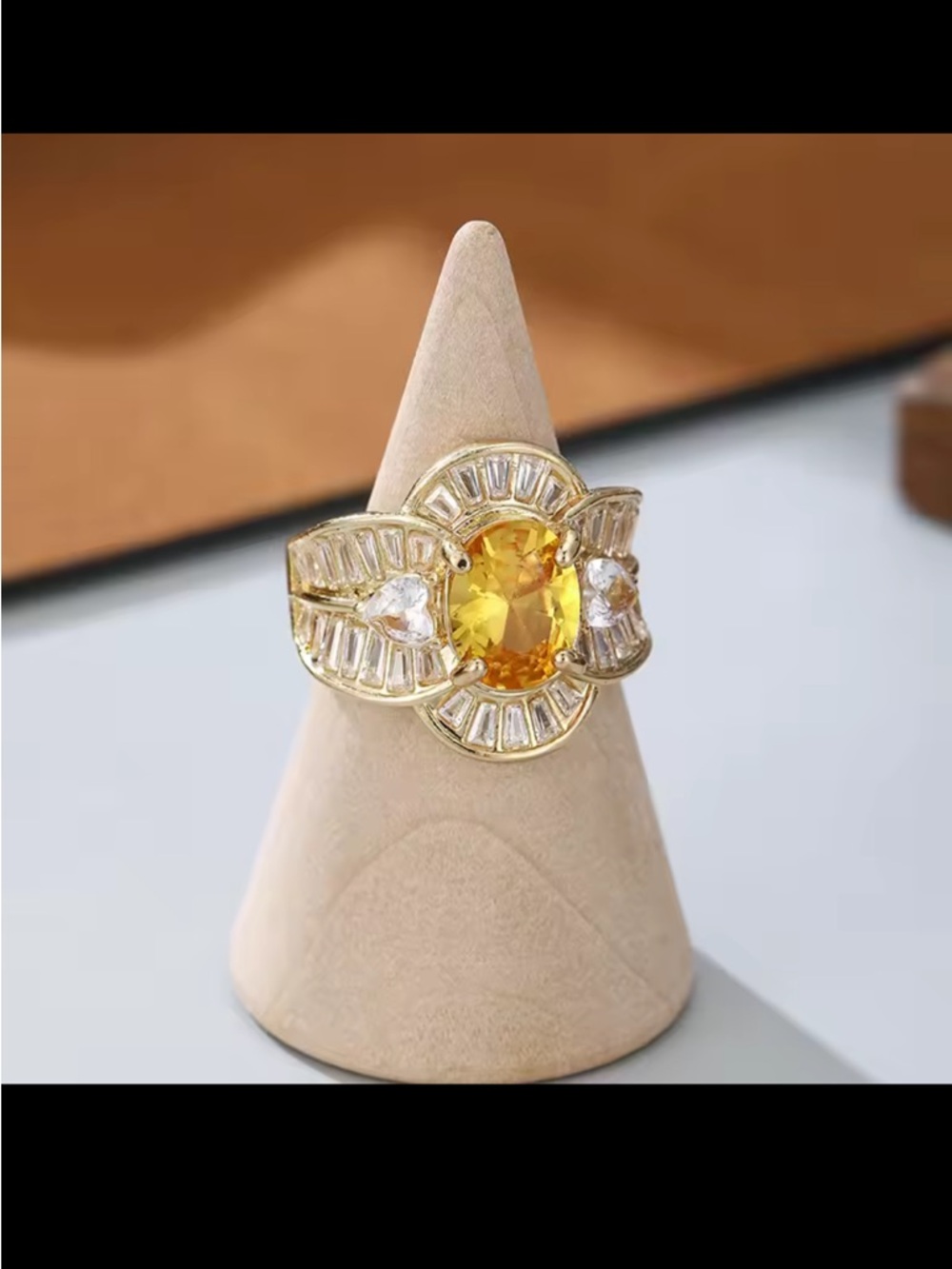 Gold Ring with Oval Orange Center Stone and Diamond Accents - Picture 6 of 6